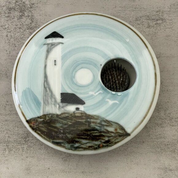 Vintage 2002 Georgetown Pottery Maine Lighthouse Ikebana Round Flower Vase 6" - Picture 1 of 6